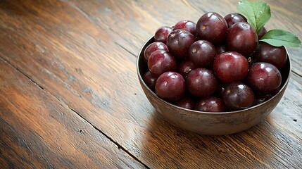 Poster - Top View of Fresh Plums Blackthorns in a Round Metallic Bowl on Rustic Wooden Table : Generative AI