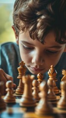 Poster - A young boy playing chess on a wooden board with other pieces. AI.