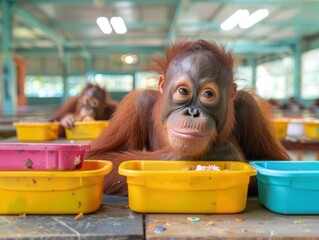 Sticker - An orangutan sits at a table with food. AI.