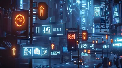 Poster - Futuristic cityscape with neon lights and towering structures. The city is alive with technology, and the streets are filled with neon signs and futuristic vehicles.