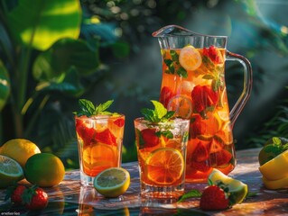 Canvas Print - Refreshing summer lemonade with strawberries and mint. AI.