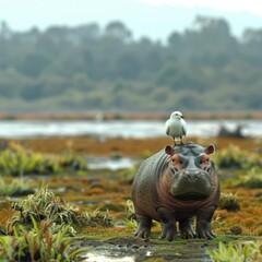 Wall Mural - A hippopotamus with a bird on its back. AI.