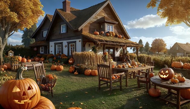 A bright Halloween garden decorations and Pumpkins suitable background halloween day with copy space area