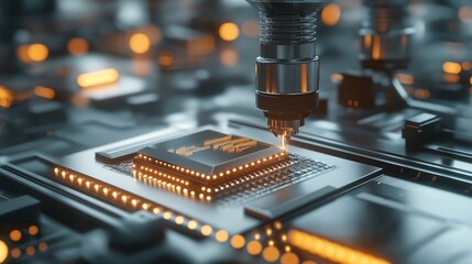 Poster - A futuristic factory assembly line producing electronics components, with glowing lights and automated machines
