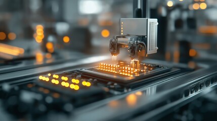 Poster - A futuristic factory assembly line producing electronics components, with glowing lights and automated machines