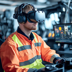 A worker in a virtual reality headset, training in a simulated work environment.