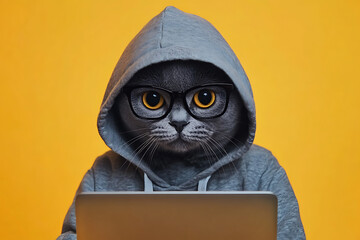 a cat with glasses and a hoodie sits at a laptop against a bright yellow background.