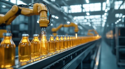 Poster - A high-tech factory producing glass bottles on a conveyor belt, with robotic arms precisely handling the products