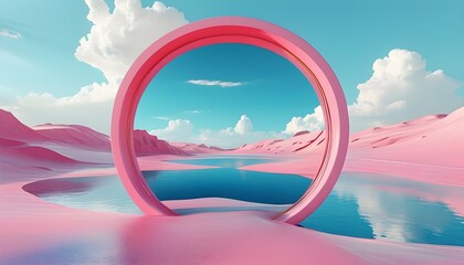 Wall Mural - Surreal Fantasy Landscape with Pink Mirrored Geometric Elements and Cloud-Filled Sky Over a Tranquil Blue Lake