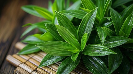 Poster - Fresh Green Leaves on a Bamboo Mat : Generative AI