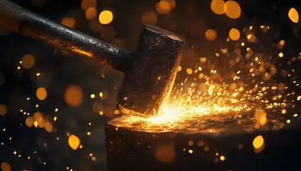 A blacksmith's hammer strikes hot metal, sending sparks flying.