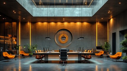 Wall Mural - Modern office interior with a concrete ceiling and a large circular window.