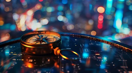 Poster - Compass sits on a futuristic digital map with a blurry background of city lights. The image represents navigation, direction, and finding your way in a modern world.