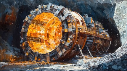 The tunnel boring machineâ€™s illuminated cutter head aggressively tackles a tough mixture of earth and rock, with intense lighting emphasizing the forceful excavation effort. watercolor illustration