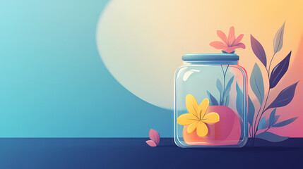 Wall Mural - A glass jar with a yellow flower and a pink fruit inside, next to a branch with leaves against a blue and orange background.