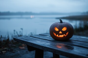 Scary pumpkin on wooden planks