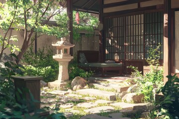 A Quiet Garden With A Zen Rock Garden, Comfortable Seating, And Gentle Sunlight Enhancing The Tranquil Environment. Cozy Vibe, Generative AI 