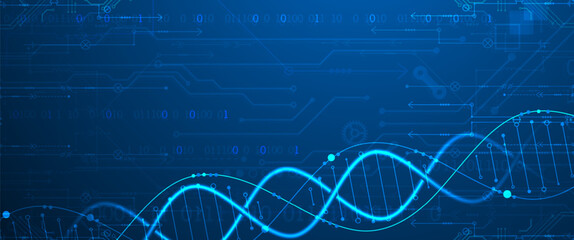 Aufkleber - Scientific and technological background. Image of dna molecule with technological elements. Hand drawn vector.