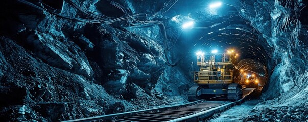 A tunnel boring machine makes steady progress through a rocky underground corridor, conveyor belts moving the broken rock and debris away, emphasizing the scale and complexity of the excavation.