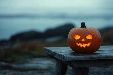 A creepy pumpkin for Halloween celebration is lying on the table