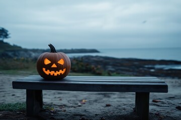 Wall Mural - A creepy pumpkin for Halloween celebration is lying on the table