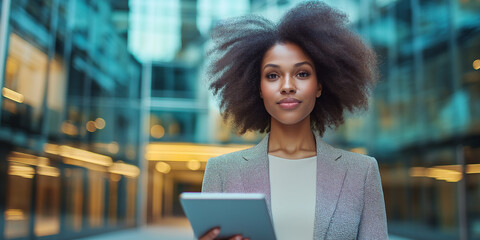 Businesswoman using adigital tablet while standing in front in offic