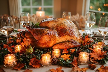 Thanksgiving dinner celebration with roasted turkey and candlelit autumn decorations