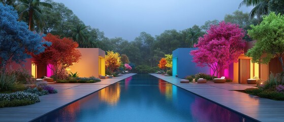 Wall Mural - Nighttime Resort Oasis with Sparkling Pool and Illuminated Accommodations