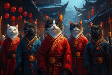 Five cats dressed in ornate robes stand in a line, looking straight ahead.