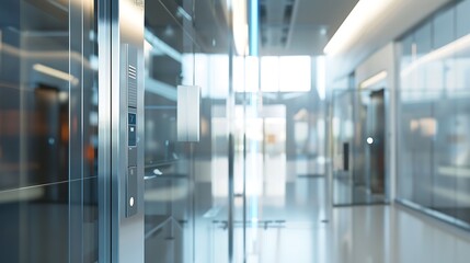 Poster - Modern interior with elevator and a hallway, showcasing sleek design and professional atmosphere.