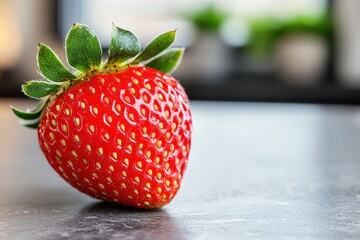 Wall Mural - Ripe, juicy red strawberry with green leaves on a dark surface