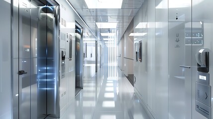 Poster - white futuristic office corridor with a shiny steel elevator and a door on the left. The walls are sleek and minimalist and the floor is bright white.