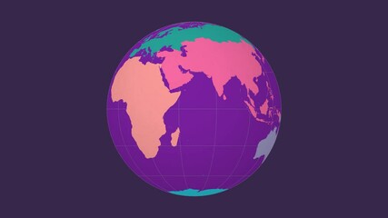 Poster - Rotating globe. Normal sphere view. Moderate speed globe rotation. Colored continents style. World map with graticule lines on dark background. Gorgeous animation.