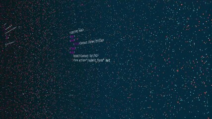 Html code is generating from the network with blue and red glowing particles. Programming code animation inside website on the dark blue background. Software, web code developing.