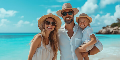 Family happy swimming with his children sea on the beach