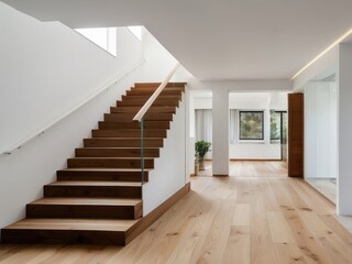 Wall Mural - Modern Wooden Staircase with Glass Railing in a White and Light Wood Interior