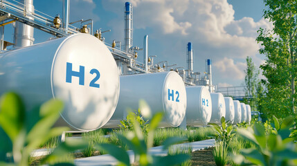 a modern hydrogen production facility showcases gleaming h2 tanks, surrounded by pipelines and green