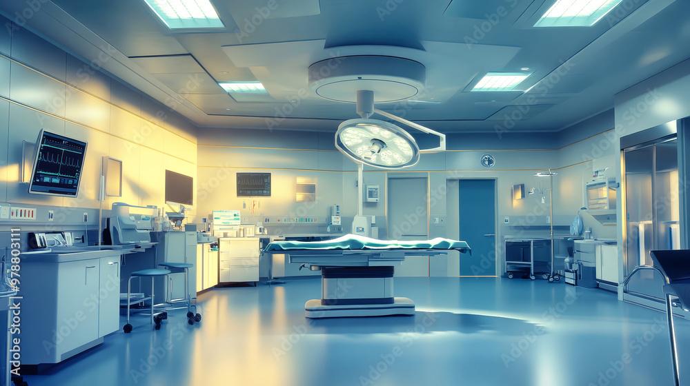 The operating room showcases advanced medical equipment, bright ...
