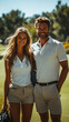 © AS Photo Family - Smiling couple walking on golf course with golf bag outdoors
