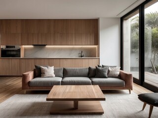 Wall Mural - Modern Living Room with Grey Sofa and Wooden Coffee Table