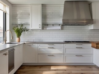 Wall Mural - Modern White Kitchen with Stainless Steel Range Hood and Wood Countertop