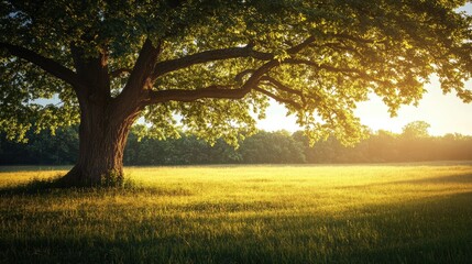 Wall Mural - A large tree in an open field, casting dramatic shadows in the soft light of dawn. Focus on the natural light and tree. No people.