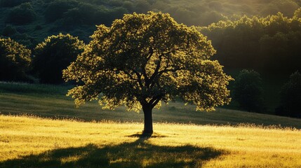 Wall Mural - A lone tree casting long shadows in the golden hour light, set against a sunlit meadow. Focus on the treeas silhouette and the natural light. No people.