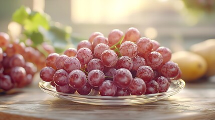 Poster - Sultana Grapes on Glassy Dish on Wooden Table : Generative AI