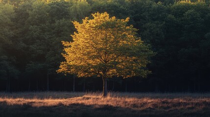 Wall Mural - A lone tree on the edge of a forest, bathed in the glow of sunset, casting soft shadows on the ground. Focus on the tree and light. No people.