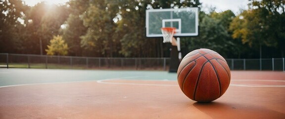 Street basketball. Basketball hoop and close-up of ball on green floor. AI generated.