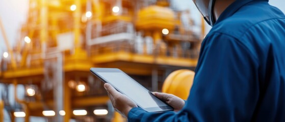 A worker uses a tablet device at an industrial site, showcasing modern technology and safety equipment in action.