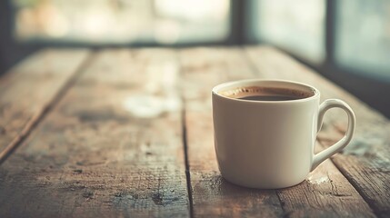 Poster - Vintage Styled Photo of White Coffee Cup on Wooden Table : Generative AI