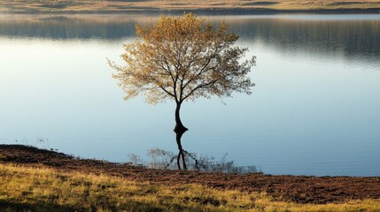 Wall Mural - A single tree near the edge of a lake, its shadow reflected in the water in the early morning light. Focus on the reflection and light. No people.