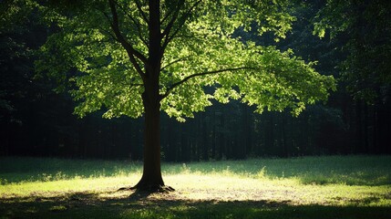 Wall Mural - A solitary tree in a forest clearing, illuminated by sunlight filtering through the leaves. Focus on the dappled light and shadows. No people.